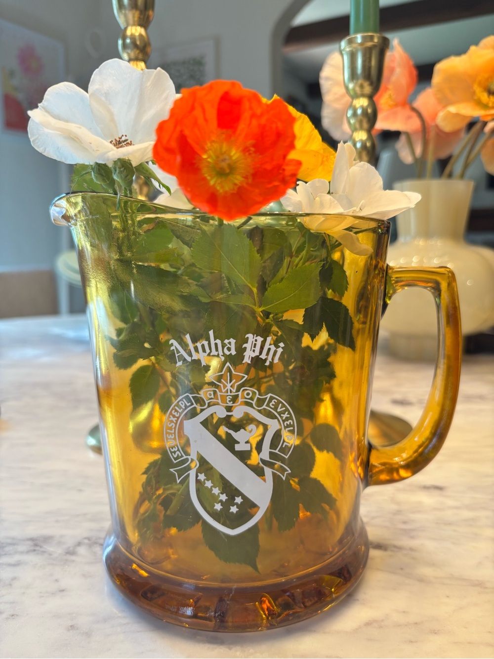 Vintage Alpha Phi ΑΦ amber glass pitcher vase